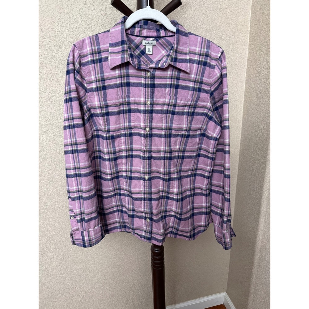 LL Bean Women's Pink Purple Plaid Flannel Button Down Shirt M